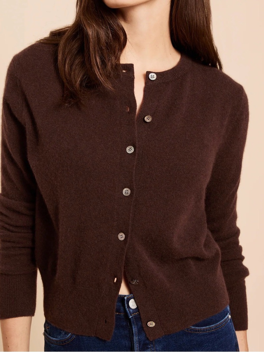 Few Moda CAARA NWT Finley 100% Cashmere Coffee Brown Button-Front Cardigan
